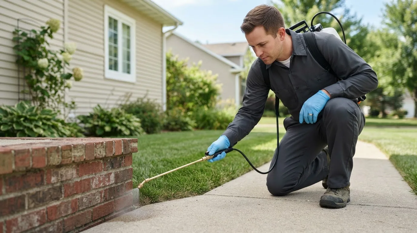 Pest control technician treating a home near Park Valley, UT